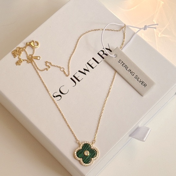 Rachel Zoe Clover Necklace Malachite Cubic Zirconia Sterling Silver - Picture 3 of 7